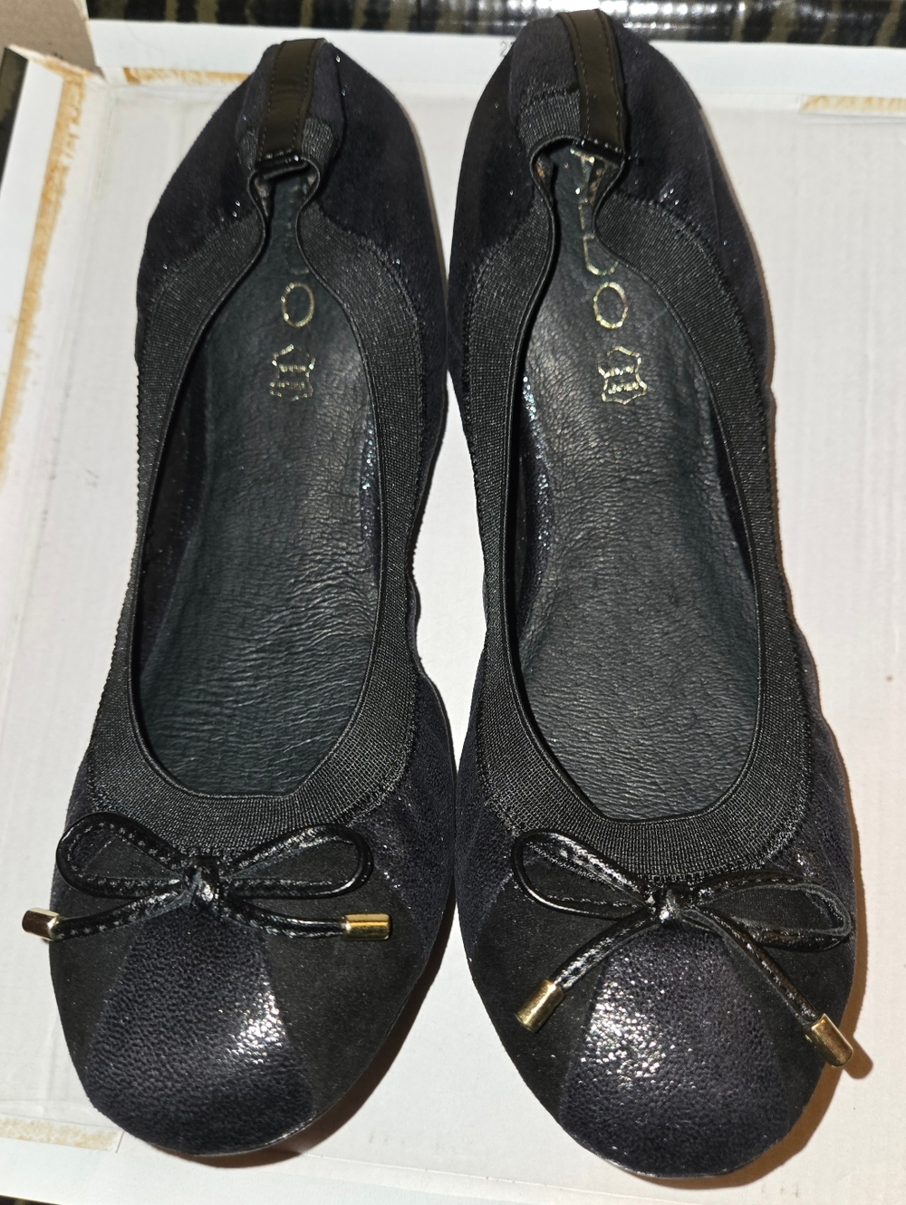 BNIB Aldo Civitella Black Metallic Leather & Fabric Elastic Trim Flats Sz 10 M
